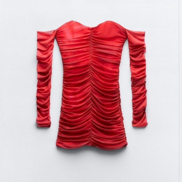 Zara Red Ruched Tulle Corset Style Mini Dress - Picture 2 of 14